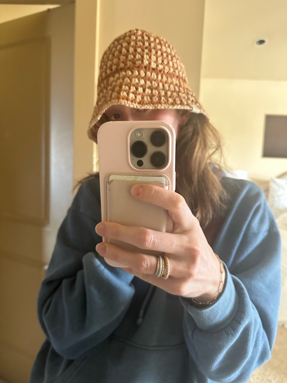 Loeffler Randall Crocheted Bucket Hat in Cream and Rust